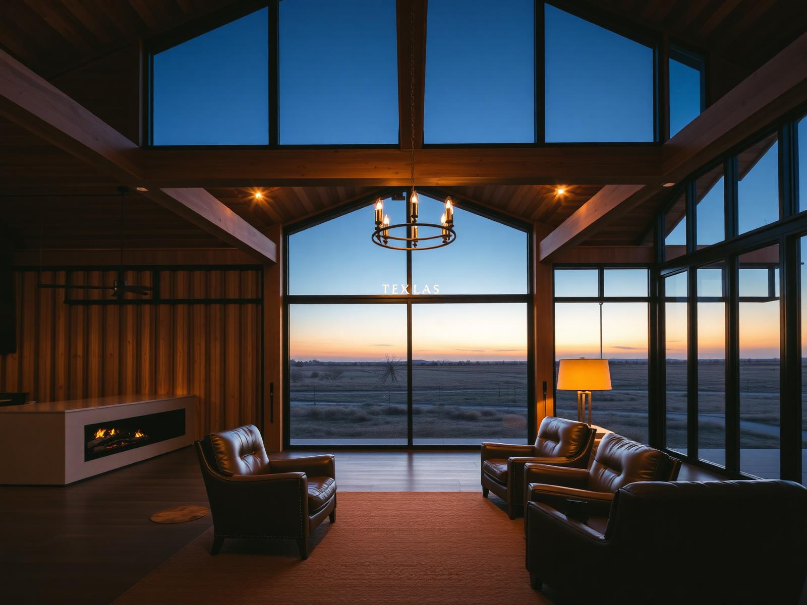 Interior of a modern barndominium at dusk